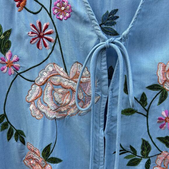 Zara Trafaluc Denimwear Floral Embroidered Kimono Light Denim Button Tie Small - Picture 8 of 16